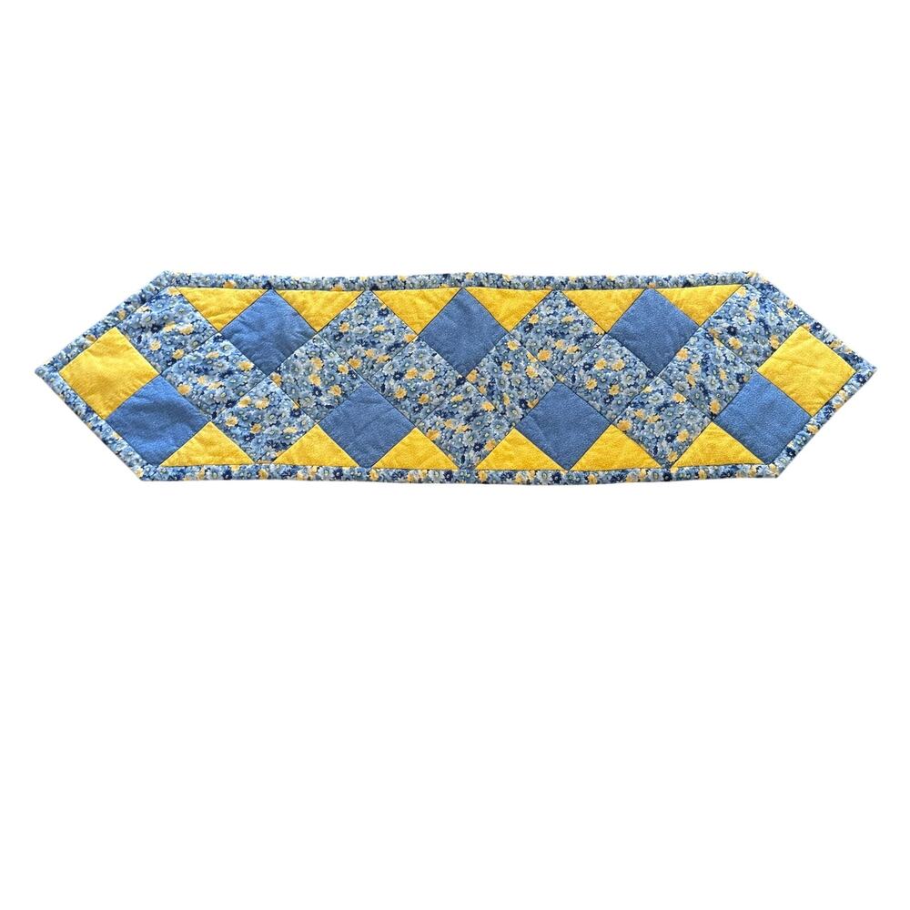 Handmade Quilted Patchwork Square Table Runner Blue Yellow Floral 12x46 Cottage
